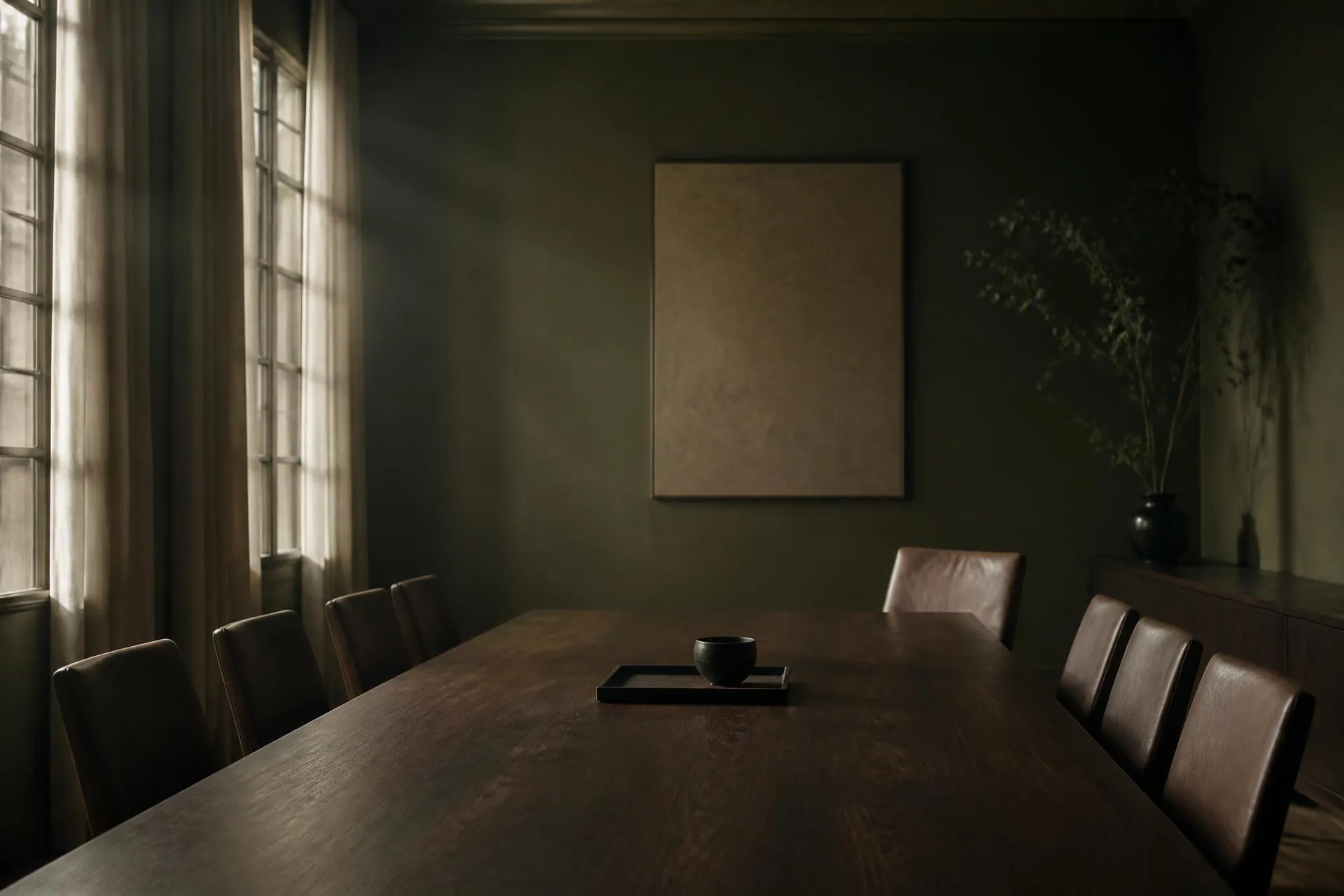 Sala de reunião com uma mesa longa de madeira escura, cadeiras de couro e luz entrando pela janela
